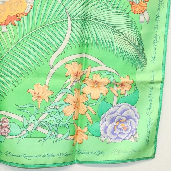 Share HERMES Carre 90 Scarf ""Fleurs de L'Opera"" Silk Green Auth ki5895 - Picture 10 of 16
